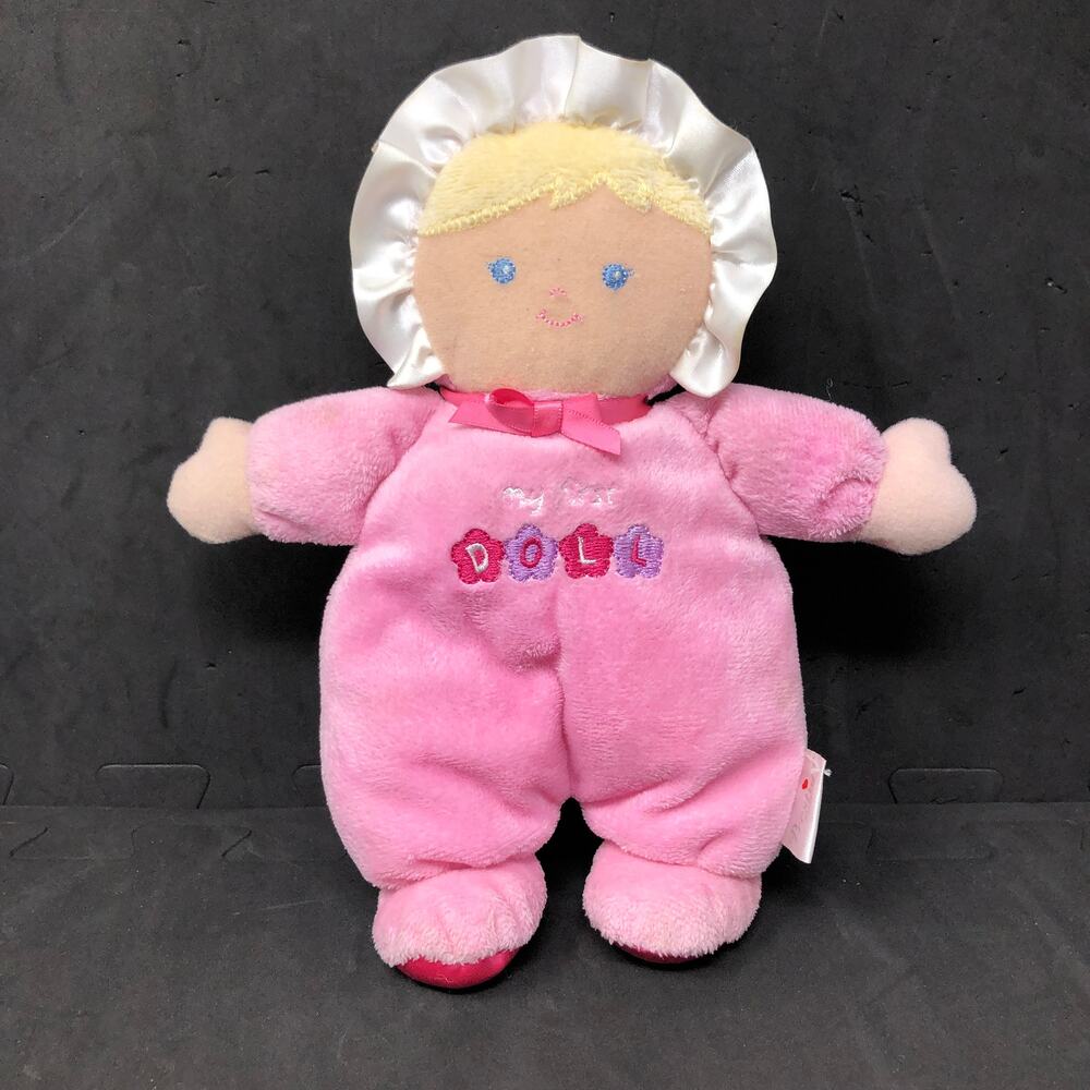 Prestige‎ Pink My First Doll Baby Plush Rattle Blond Hair Blue Eyes Style 4470